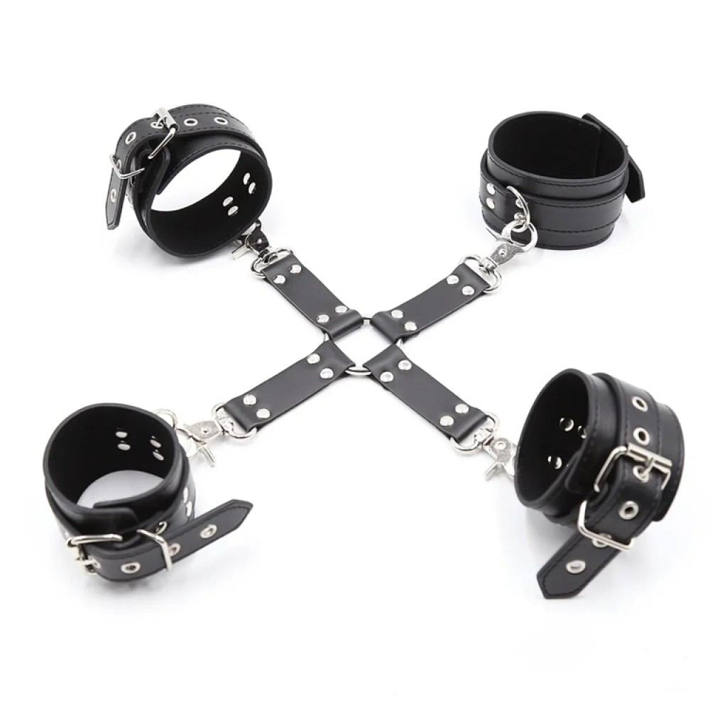 Черна BDSM кожена кръстачка за белезници за ръце и глезени Черна BDSM кожена кръстачка за белезници за ръце и глезени