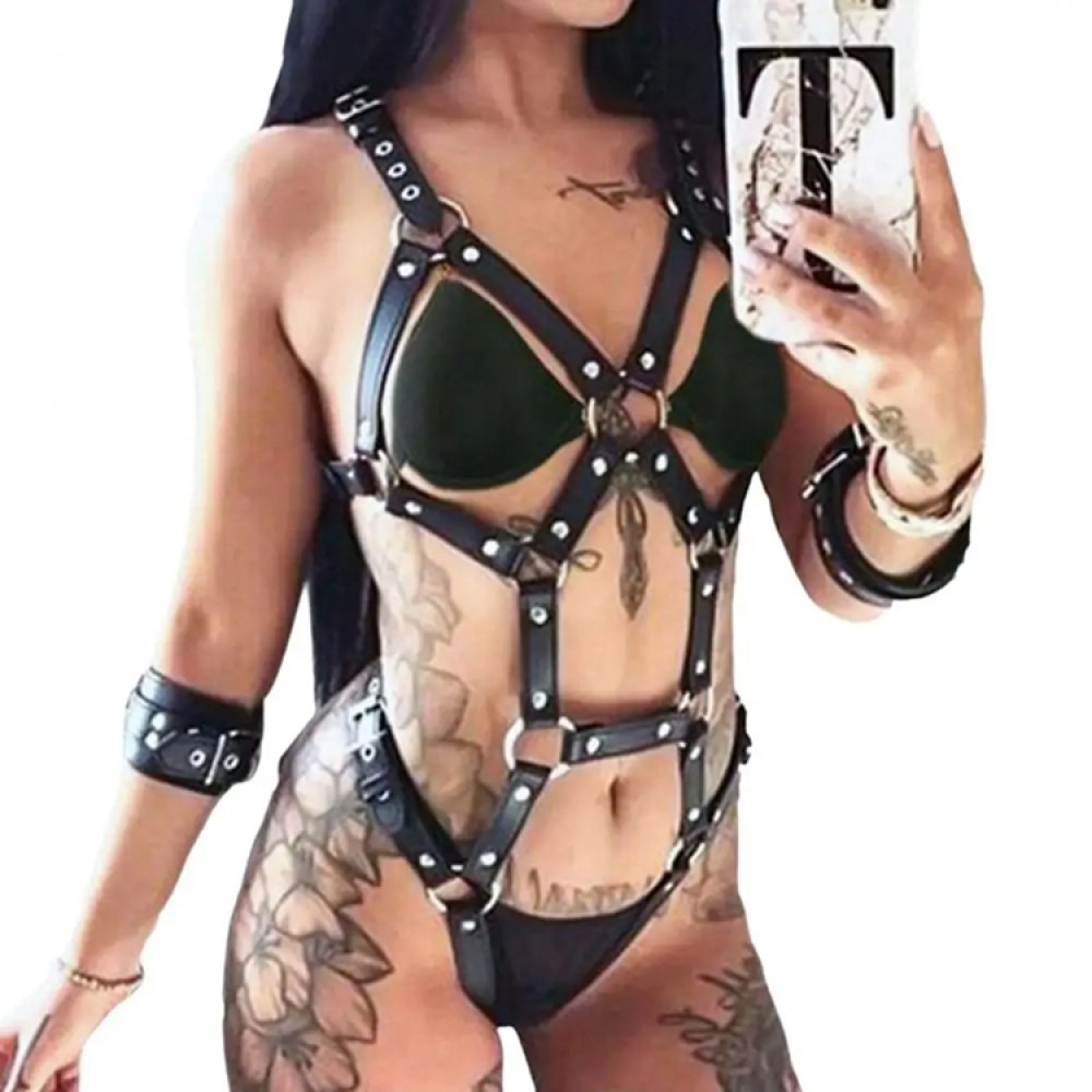 Черен кожен BDSM харнес за цяло тяло