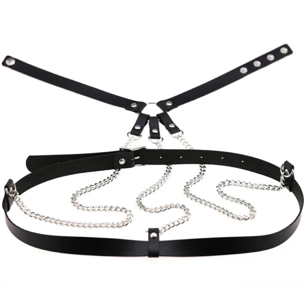 Черен кожен BDSM чокър за бюст - Leather and Chains