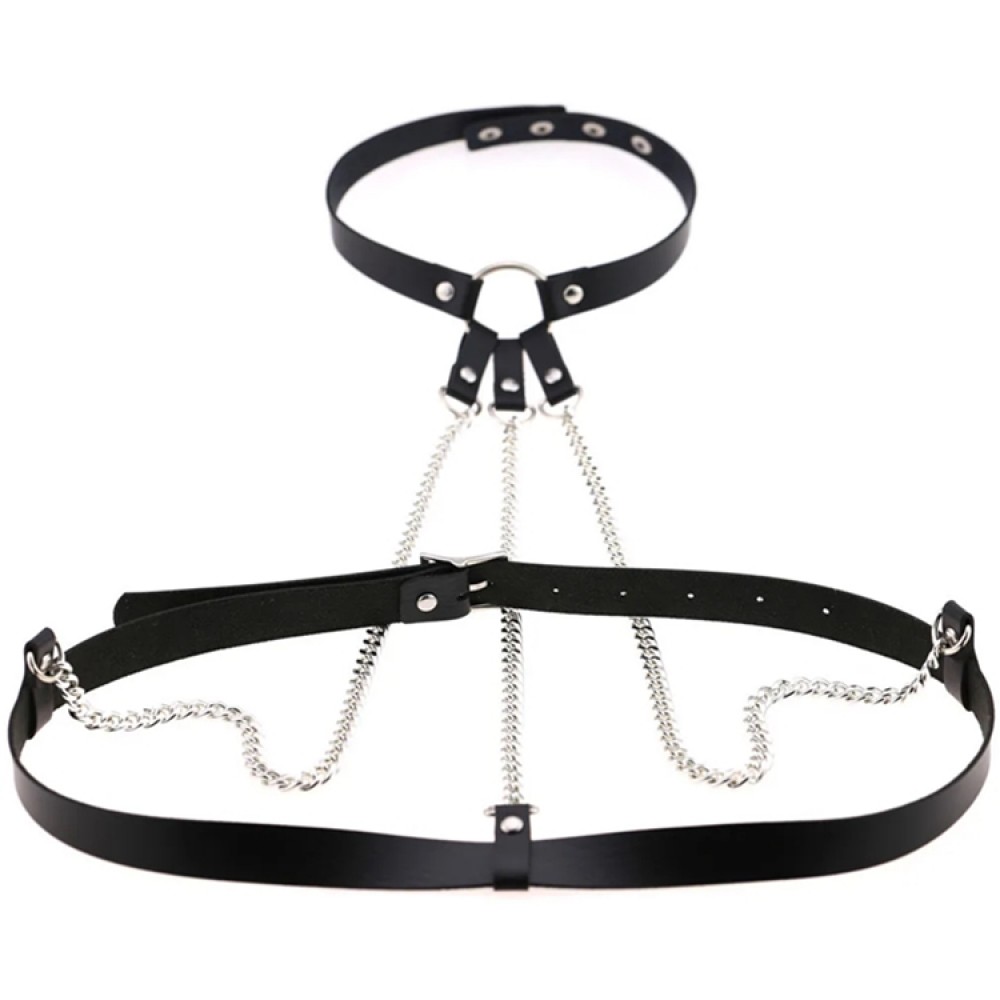 Черен кожен BDSM чокър за бюст - Leather and Chains
