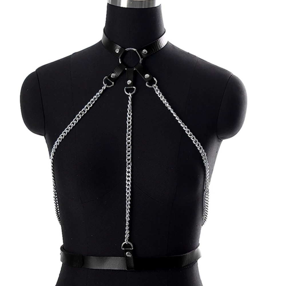 Черен кожен BDSM чокър за бюст - Leather and Chains