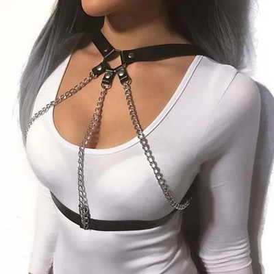 Черен кожен BDSM чокър за бюст - Leather and Chains