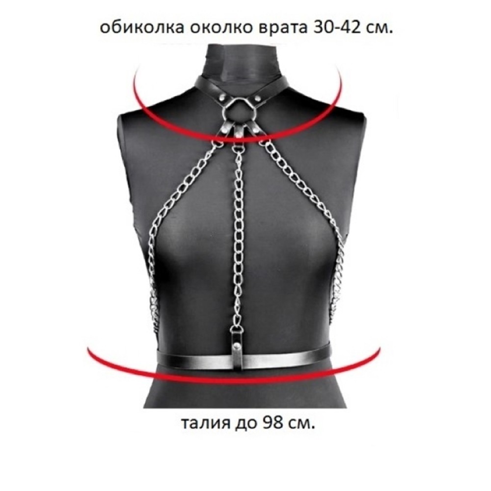 Черен кожен BDSM чокър за бюст - Leather and Chains