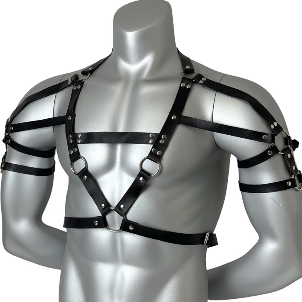 Мъжки Черен Кожен BDSM Харнес за Гърди и Рамене Мъжки Черен Кожен BDSM Харнес за Гърди и Рамене
