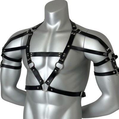 Мъжки Черен Кожен BDSM Харнес за Гърди и Рамене