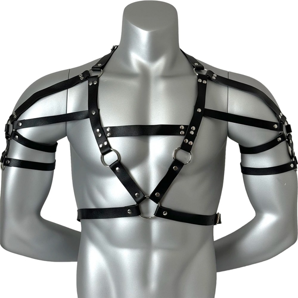 Мъжки Черен Кожен BDSM Харнес за Гърди и Рамене Мъжки Черен Кожен BDSM Харнес за Гърди и Рамене